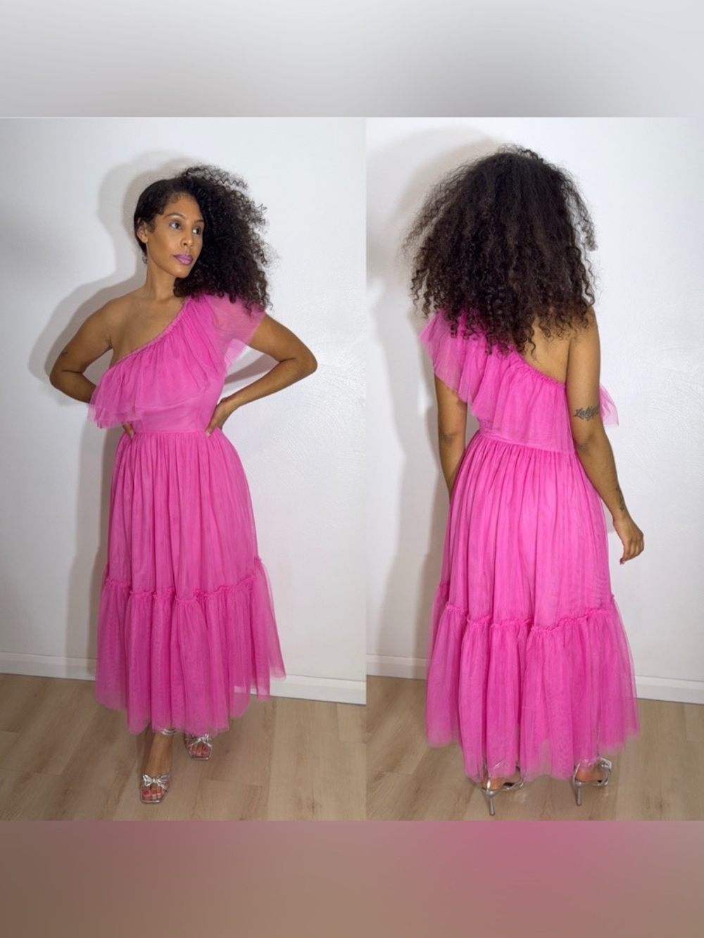 One-Shoulder Hot Pink Tulle Midi Dress